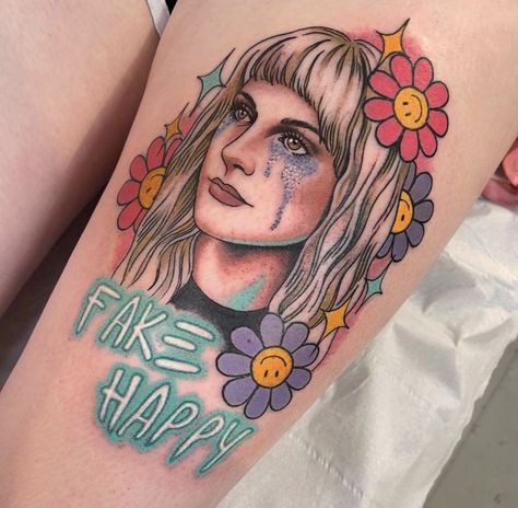 Hayley Williams Tattoo, Paramore Painting Ideas, Hayley Williams Tattoo Ideas, Paramore Logo Tattoo, Paramore Tattoo Ideas, American Traditional Paramore Tattoo, Paramore Quote Tattoo, Paramore Fake Happy Tattoo, Paramore Tattoo