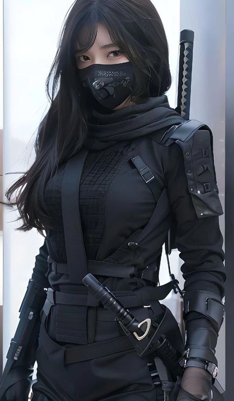 Assassin Woman, Female Ninja Assassin, Ninja Women, Assassin Outfit, Assassin Girl, Female Swordsman, Girl Assassin, Masked Girl, Spy Outfit