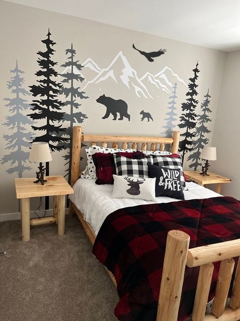 Painted Pine Trees On The Wall, Woodlands Bedroom, Woods Themed Nursery, Kids Forest Bedroom, Forest Nursery Ideas, Boys Woodland Bedroom, Nature Kids Room, Camping Theme Bedroom, Tree House Bedroom