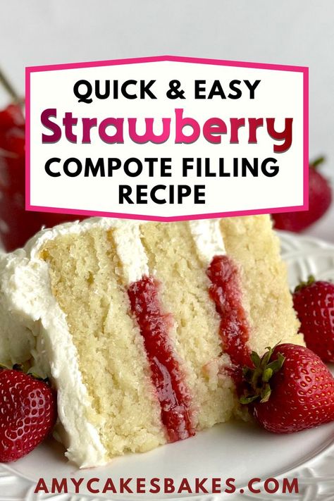 This easy Strawberry Compote bakery recipe has a deliciously fresh and natural strawberry flavor. It cooks in only 10 minutes and can be used as a cake filling or cupcake filling. This is one of the easiest cake fillings you can make from scratch, requiring only 4 ingredients and 10 minutes of cooking time. Frozen strawberries make it easier to come up with this cake filling recipe any time of the year. Red Velvet Cake With Strawberry Filling, Strawberry Compote Recipe For Cake, Strawberry Curd Recipe Cake Fillings, Strawberry Cake Filling Frozen, Southern Strawberry Cake, Homemade Strawberry Filling For Cake, Strawberry Filling Cake Recipe, Easy Strawberry Cake Filling, Chocolate Cake Strawberry Filling