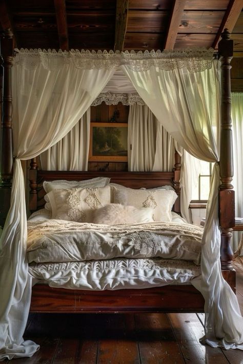 Canopy Bed Curtains Aesthetic, Canopy Bed With Drapes, Vintage Bed Ideas, Four Poster Bed Ideas, Four Poster Bedroom Ideas, Diy Canopy Bed, Canopy Bed Ideas, Canopy Beds, Four Poster Bed