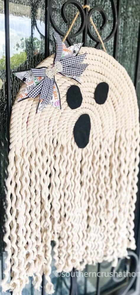 This cute and simple macrame wall hanging rope ghost decoration is made with white dollar tree nautical rope and requires no knotting skills. Easy to make for instant Halloween front door decor.  Spooky Diy Home Decor Ghost Yarn Wall Hanging Ghosts Diy Decoration Ghost Made Out Of Rope Easy Halloween Home Decor Fall Crafts Adults Diy Cheap Easy Fall Crafts Halloween Craft Ideas Diy Rope Ghosts Nautical Rope Crafts Easy Macrame Wall Hanging Ghost Crafts Ghost Diy Easy Macrame Dollar Tree Halloween Dollar Store Diy Organization Hanging Ghosts Rope Diy Nautical Rope Crafts, Macrame Ghost, Simple Macrame Wall Hanging, Easy Macrame Wall Hanging, Diy Ghost Decoration, Patterns Halloween, Halloween Front Door Decorations, Christmas Angel Crafts, Ghost Crafts