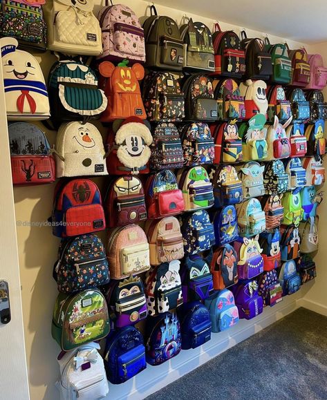 Loungefly Bag Display Wall, Loungefly Display Ideas Wall, Loungefly Storage, Disney Display Ideas, Disney Loungefly Backpack Display, Loungefly Display Ideas, Loungefly Display, Backpack Wall, Disney Princess Jewelry