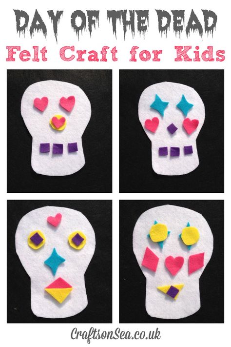 https://craftsonsea.co.uk/day-of-the-dead-felt-crafts/ Day Of The Dead Crafts, Sugar Skull Crafts, Felt Skull, Skeleton Craft, Day Of The Dead Diy, Skull Crafts, Halloween Crafts For Toddlers, Day Of The Dead Art, November 1st