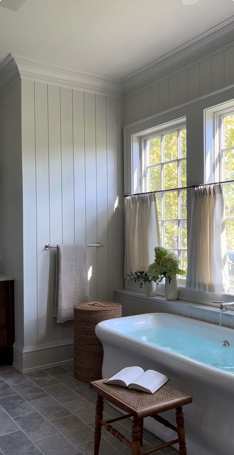 Classic Cottage Bathroom, Tall Beadboard Bathroom, English Cottage Style Bathroom, Small Primary Bathroom Ideas, Bathroom With Paneling, Narrow Master Bath, Shiplap Wall Bathroom, Half Tiled Bathroom Walls, Vertical Shiplap Bathroom