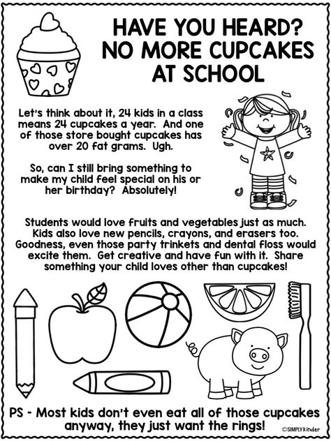 No More Cupcakes Flyer. Send this flyer home to inform your families and give them some ideas for celebrating birthdays. Classroom Communication, Parent Teacher Communication, Classroom Birthday, Preschool Class, Back To School Night, Letter To Parents, Meet The Teacher, School Help, Beginning Of The School Year