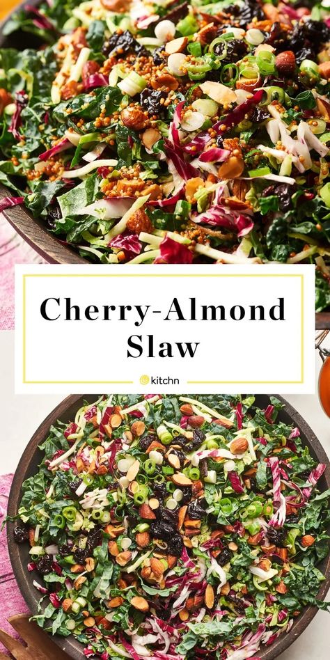 Kale Slaw with Honey-Mustard Almonds and Dried Cherries | The Kitchn Kale Slaw, Polenta Recipes, Slaw Recipe, Shredded Brussel Sprouts, Creamy Polenta, Honey Mustard Dressing, Classic Italian Dishes, Slaw Recipes, Cherry Almond