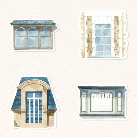 Vintage European window architecture vector set watercolor clipart | free image by rawpixel.com / Niwat Brick Wall Drawing, Watercolor Building, Window Sketch, Architecture Vector, Architecture Watercolor, European Windows, Brick Wall Texture, Window Architecture, Vintage Window