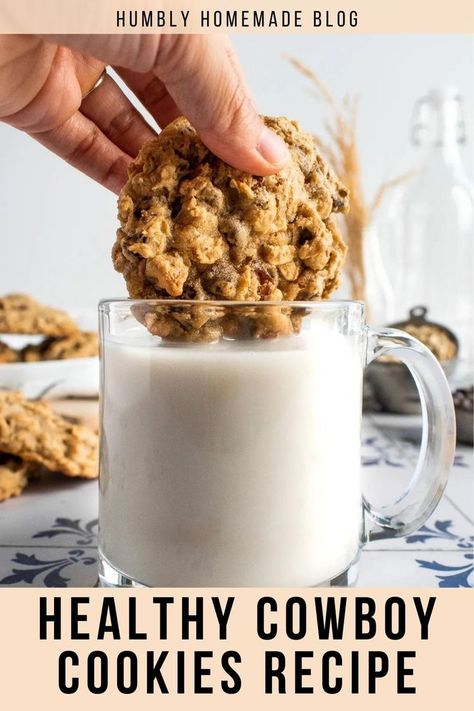 Cowboy cookie being dipped in milk Best Cowboy Cookies, Cowboy Cookies Recipe, Cowboy Cookie Recipe, 4 Ingredient Cookies, Seed Cookies, Salty Cookies, Flax Meal, Homemade Trail Mix, Ultimate Cookies