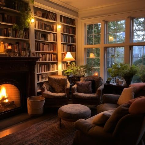 This image captures the essence of a serene evening spent indoors; a beautifully arranged reading nook beckons with its plush chairs and the soft glow of a table lamp. A fire crackles in the fireplace, emitting a warm light that dances across the room, highlighting the extensive collection of books lining the walls. The room exudes a sense of tranquility and intellectual charm, offering an ideal retreat for those who wish to lose themselves in the pages of a good book. Surrounded By Books, Library Fireplace, Beach Christmas Trees, Cozy Library, Plush Chair, Library Room, Dim Gray, Piano Room, Cozy Fireplace