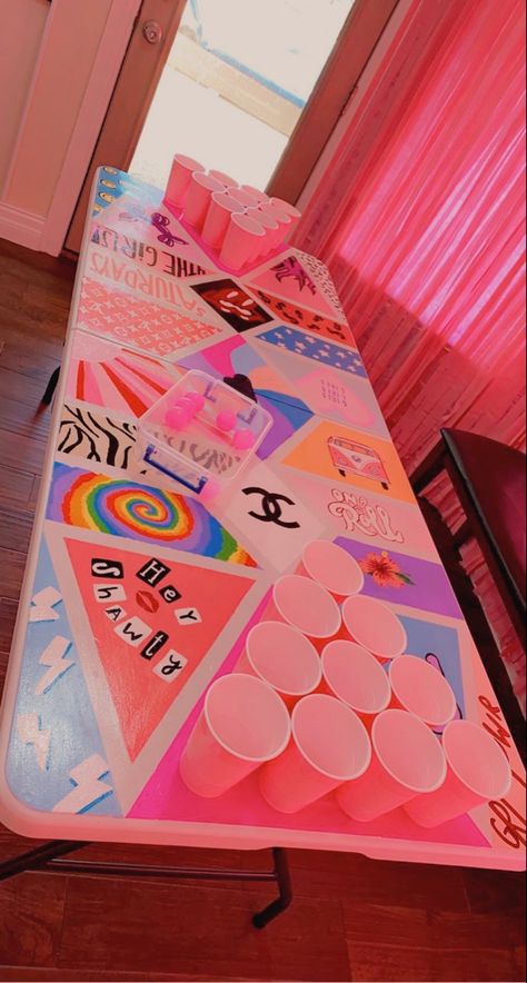 #beerpong #beerpongtable #cuppong #diy #party #partydecoration 200s Bday Party, Y2k Party Decorations For Men, Y2k Party Table Decor, 2000s Themed Cocktails, Y2k Table Decor, Diy Y2k Decor, Things To Do For Birthday Party, Y2k Party Food, 18th Themes