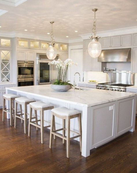 Kitchen Double Island, Kitchen Interior White, Modern White Kitchen Island, Luxury White Kitchen, Double Island, Cabinets Countertops, White Kitchen Island, Kitchen Island Decor, White Kitchen Decor