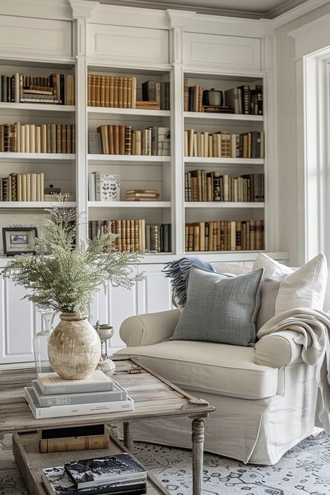 White Built Ins Decor, Wall Bookshelf Living Room, French Style Bookshelf, Home Library Decor Bookshelf Styling, French Country Bookshelf Decor, Built In Styling Bookshelves, Lommarp Bookcase Ideas, Library With Fireplace Bookshelves, Office Decor Bookshelves