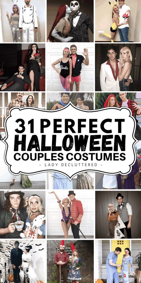 31 Perfect Halloween Costumes for Couples » Lady Decluttered Movie Couples Costumes, Scary Couples Costumes, Unique Couples Costumes, Halloween Couples Costumes, Scary Couples Halloween Costumes, Easy Couple Halloween Costumes, Easy Couples Costumes, Couples Costumes Creative, Lady Decluttered