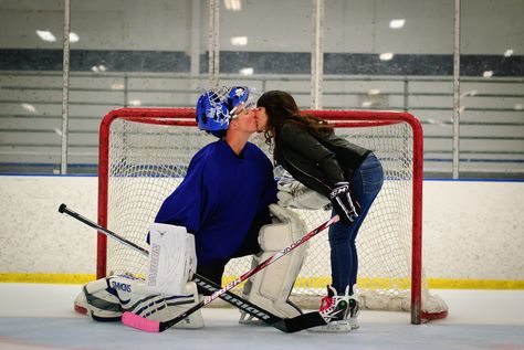 Hockey: our favorite sport! Chris still plays and I love that his love for the game has made me a bigger fan. Hockey Couples, Hockey Engagement Photos, Hockey Couple, Hockey Boyfriend, Hockey Family, Hockey Wedding, Hockey Aesthetic, Hockey Goals, Hockey Girlfriend