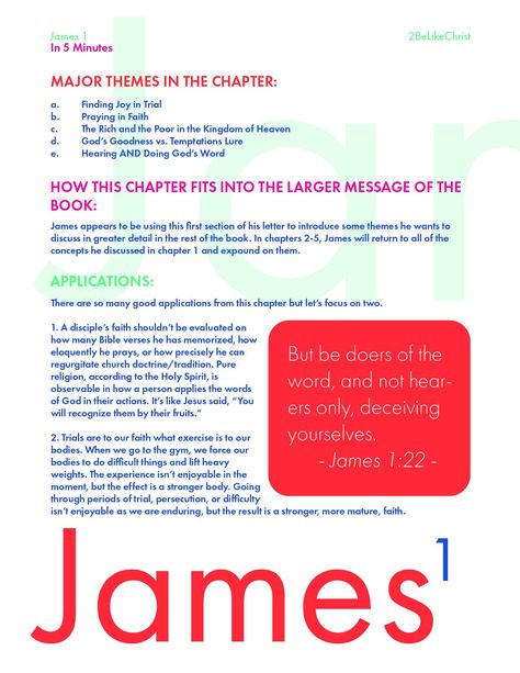 A short Bible study of James 1. These outlines are intended to summarize the key information from each chapter in just 5 minutes. The outlines are available for download for FREE on our website. James Chapter 1 Bible Study, James Bible Study Free Printable, The Book Of James Bible Study, James Bible Study Notes, James 1 Bible Journaling, James 1:5, Free Bible Study Printables Worksheets, Book Of James Bible Study, James Bible Study