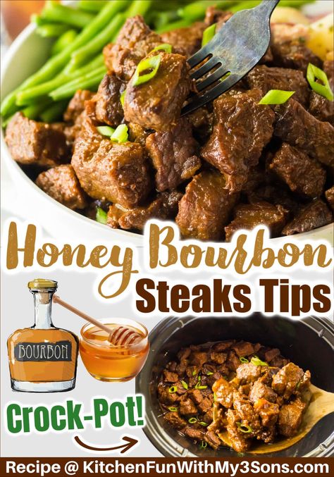 These Honey Bourbon Steak Tips are slow-cooked to perfection in the crockpot. They are tender and juicy steak bites coated in a sweet and savory sauce. Beef Tenderloin Steak Recipes Crockpot, Steak Tips Recipe Crockpot, Bourbon Steak Bites, Bourbon Steak Recipe, Juicy Steak Bites, Bourbon Beef, Bourbon Steak, Meat Entrees, Crockpot Steak