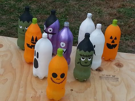 Homemade Bowling Game, Fall Festival Bowling Game, Ghost Bowling Pins, Candy Corn Bowling, Halloween Bowling Pin Ideas, Pumpkin Bowling Game Fall Festivals, Halloween Basketball Game, Bowling Trunk Or Treat, Halloween Bowling Pins