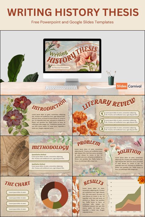 Introducing our captivating Writing History Thesis template, designed exclusively for students seeking to create impactful presentations. With its vibrant color palette of orange, red, and green, this Art Nouveau-inspired template exudes elegance and sophistication. The watercolor and floral elements add a touch of creativity, making your content visually engaging. Whether you’re presenting historical research or thesis proposals, this PPT and GS template is your ultimate companion. Red Canva Elements, Historical Presentation Design, Thesis Template, Vintage Powerpoint Template, History Slide Presentation, History Template, History Ppt Template, Canva Presentation Template, 21st Century Literature