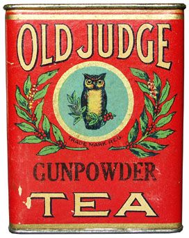 Vintage Old Judge Gunpowder Tea Tin. Blend of Oriental Teas, Green Loose. Produced by David G. Evans Coffee Co. St. Louis. by teacaddy.czi.cz Vintage Can Design, Vintage Tea Labels, Vintage Food Packaging, Vintage Tea Packaging, Vintage Can Labels, Vintage Coffee Packaging, Vintage Coffee Labels, Old Packaging, Vintage Spice Tins