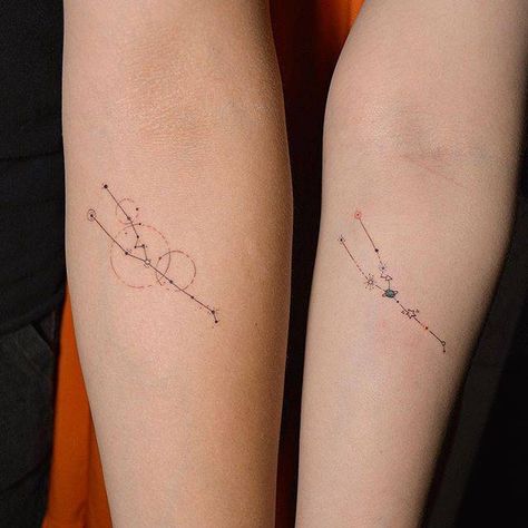 Matching Taurus constellation couple tattoo. Constellation Tattoo Ideas, Star Constellation Tattoo, Floral Zodiac, Tattoo Ideas For Guys, Taurus Constellation Tattoo, Taurus Tattoo, Horoscope Tattoos, Taurus Constellation, Constellation Tattoo