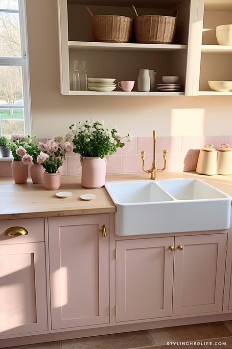 Cottagecore Kitchen Design: How to blend rustic charm with modern style - Cottagecore Kitchens, Floor Kitchen Ideas, Pink Kitchen Cabinets, Brick Floor Kitchen, Kitchen Cupboard Colours, Farmhouse Style Dining Table, Pink Cabinets, Cottagecore Kitchen, Brick Floor