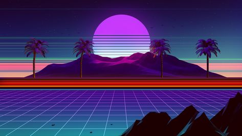 Vaporwave Wallpaper, Wallpaper Retro, Desktop Wallpaper Art, Full Hd Wallpaper, Wallpaper Gallery, Retro Waves, Landscape Features, Beach Wallpaper, Gaming Wallpapers