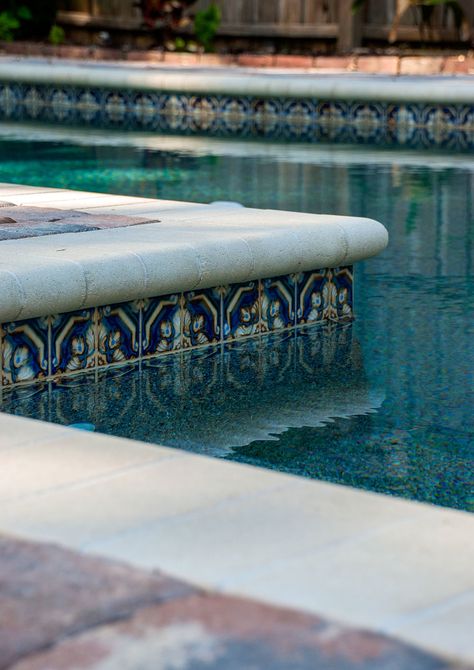 Mediterranean Pool Tile, 6x6 Pool Tile Ideas, Spanish Pool Design, Spanish Tile Pool, Pool Waterline Tile Ideas, Spanish Style Pool, Mosaic Tile Pool, Decorative Pool Tiles, Spanish Pool