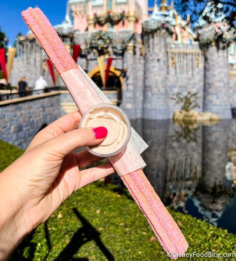 REVIEW: You Can Get a Pink Churro in Disneyland…If You’re Willing to Wait Pink Churros, Churro Business, Churro Cart, Disneyland Churros, Fairy Tale Aesthetic, Pixar Fest, Sweet Stand, Chocolate Dipping Sauce, Disney Foods