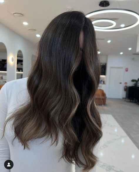 Cool Toned Balayage Black Hair, Subtle Ashy Balayage Brunette, Hair Color With Black Roots, Dimensional Brunette Dark Ash, Ash Brown Subtle Balayage, Muted Brown Balayage, Dimension Brunette, Subtle Balayage Brunette Dark, Soft Balayage On Dark Hair