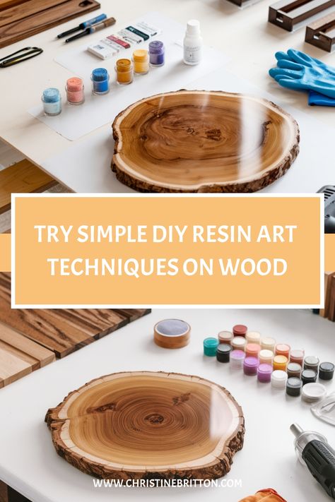 DIY resin art supplies and finished wood piece arranged on a table with colorful pigments and tools. Resin Over Wood, Epoxy Resin Wood Projects For Beginners, Beginner Resin Projects, Resin Crafts For Beginners, Resin Wood Coasters, Resin Wood Art, Wood Art Ideas, Resin Techniques, Resin On Wood