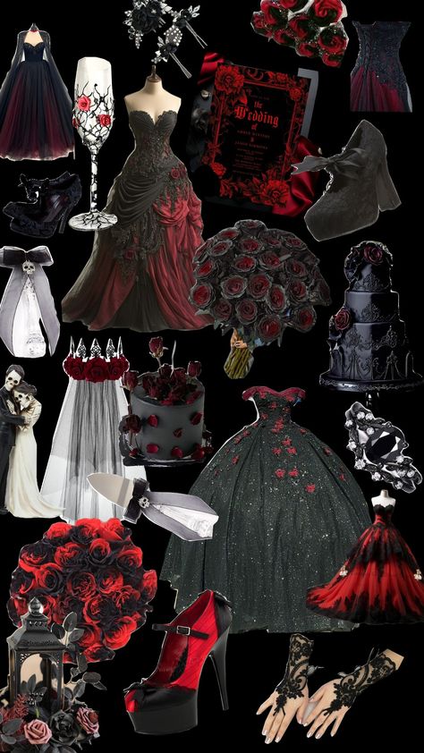 Black And Red Goth Wedding, Quinceanera Themes Red And Black, Quince Black And Red, Red And Black Sweet 16 Dresses, Black And Red Themed Wedding, Black Red And Purple Wedding, Black And Red Quince, Red And Black Quinceanera, Red And Black Quinceanera Theme