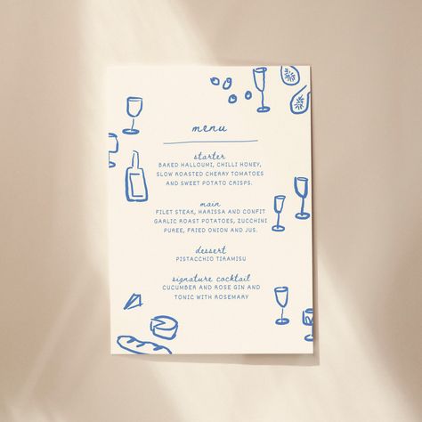 Hand Drawn Blue Illustrated Menu Template from Artemis Elopes.  Menu is in A5 ratio, and can be printed larger if necessary.  ------------------------------------------ This listing is an instant digital download, available immediately to edit in your web browser with Canva.  Simple, easy and FREE to use! No software to install. This template is customisable, allowing you to personalise your stationery for the occasion. All you have to do is purchase, customise, and print! WHAT CAN BE EDITED? Yo Menu Dinner Design, Small Menu Design, Party Menu Design, Simple Menu Design, Fun Menu Design, Menu Layout Design, Diner Menu Design, Menu Watercolor, Dinner Menu Design