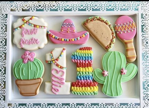 First Fiesta Birthday Cookies, Fiesta Theme Cookies Birthday, Taco Decorated Cookies, Taco Bout A One Year Old, First Birthday Cinco De Mayo Theme, Fiesta Cookies Decorated Birthday, Sombrero Cookies Decorated, Fiesta One Year Old Party, Fiesta 1st Birthday Party Girl