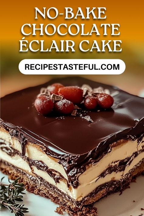 This No-Bake Chocolate Éclair Cake features creamy layers of vanilla pudding and whipped topping, sandwiched between graham crackers and topped with a rich chocolate glaze. It's an easy, indulgent dessert that requires no baking and is perfect for any occasion. Chocolate Eclaire Desert, Graham Cracker And Pudding Dessert, Layered Chocolate Pudding Dessert With Graham Cracker Crust, Chocolate Eclair Torte, Chocolate Eclair Cake No Bake, Chocolate Eclair Pie, No Bake Chocolate Eclair Cake, Easy Eclairs, Pudding Desserts Layered