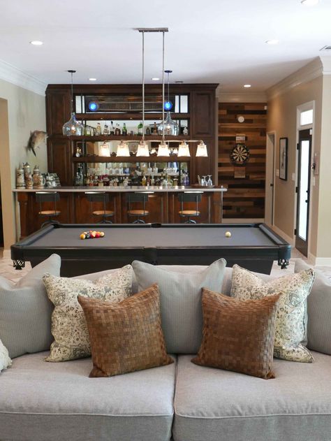 Basement Bar With Pool Table, Pool Table Living Room Layout, Chic Pool Table Room, Basement Bar And Pool Table, Pool Table Family Room, Media Room With Pool Table, Pool House With Pool Table, Rec Room Pool Table, Classic Billiard Room