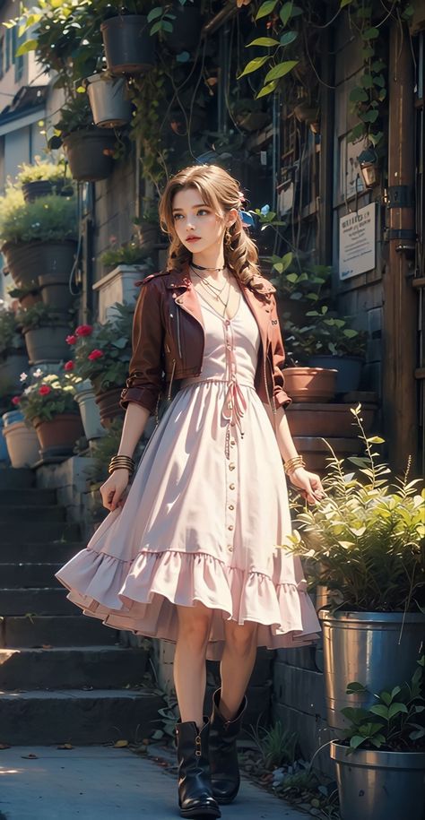 Aerith House, Aerith Inspired Outfit, Aerith Final Fantasy Vii, Final Fantasy Outfits Inspiration, Final Fantasy Inspired Outfits, Aerith Dress, Aerith Aesthetic, Final Fantasy Fashion, Final Fantasy Outfits