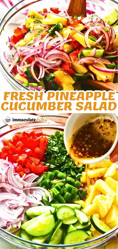 Easy Fresh Pineapple Cucumber Salad, the perfect side for any cheerful backyard party or quick lunch! This vibrant salad combines crunchy cucumbers and sweet pineapple with red onions, red bell peppers, and cilantro, creating a genuine flavor explosion. Easy to prepare in just 10-15 minutes, it’s sure to earn rave reviews from everyone at the table! #ChristmasSaladRecipe Layered Salads, Chopped Salad Dressing, Pineapple Cucumber Salad, Vibrant Salad, Pineapple Cucumber, Christmas Salad Recipes, Pineapple Salad, Red Bell Peppers, Layered Salad