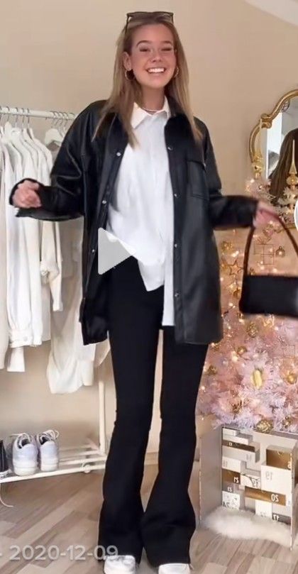 Leather Pants Outfit White Shirt, Black Leather Blouse Outfit, White Shirt With Leather Pants, Black Leather Shirt Jacket Outfit, Oversized Leather Shirt Outfit, Black Leather Button Up Shirt Outfit, Leather Button Down Shirt Outfit, Leather Shirt Jacket Outfit, Leather Button Up Shirt Outfit