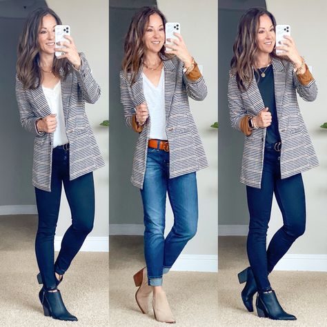 Longer Blazer Outfit, Target Blazer, Blazer And Jean Outfits For Women, Blazer Jeans And Boots Outfit, Navy Boots Outfit, Women’s Blazer And Jeans, Plaid Blazer Outfit Work, Teacher Blazer Outfit, Womens Blazer Outfit Business