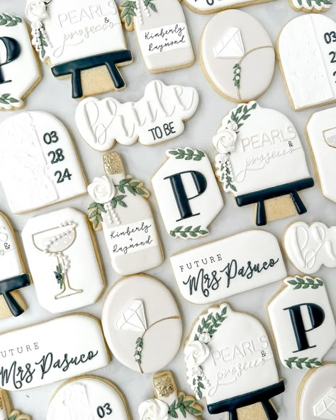 Lynn (@the.craftedcookie) • Instagram photos and videos Engagement Reveal, Engagement Party Cookies, Bachelorette Party Cookies, Bride Cookies, Pearl Bridal Shower, Engagement Party Diy, Wedding Shower Cookies, Engagement Cookies, Black And White Contrast