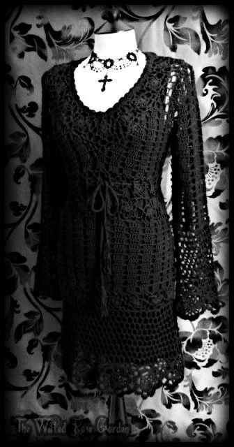 Gothic Crochet Dress, Goth Crochet Ideas, Goth Crochet Patterns, Crochet Spring Dresses, Goth Crochet, Wilted Rose, Knit Bell Sleeve, Gothic Boho, Black Crochet Dress