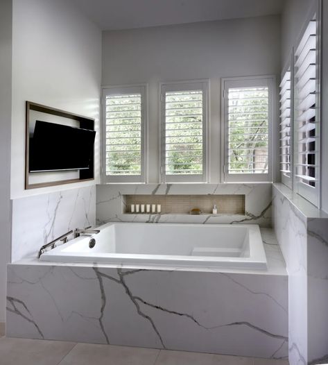 Tub Surround & Niche Bathtub With Tv On Wall, Tv Above Bathtub, Tile Around Bathtub Tub Surround, Tile Around Bathtub, Master Bathtub, Tv Niche, Niche Wall, Built In Bathtub, Drop In Tub