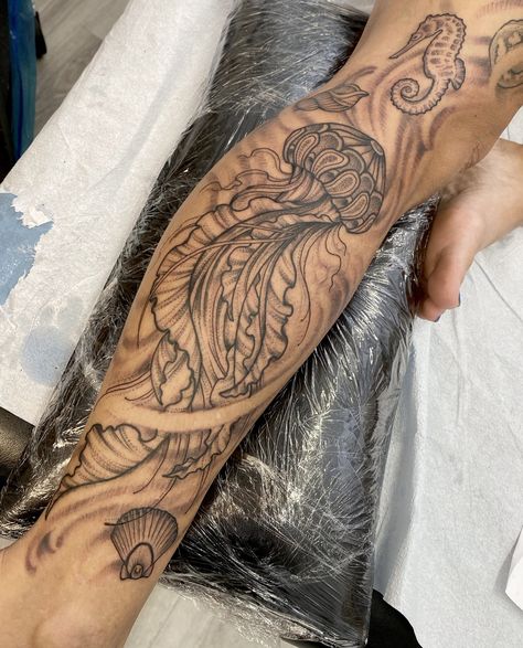 Sea Full Sleeve Tattoo, Sea Sleve Tattoo, Women’s Ocean Sleeve Tattoo, Beach Theme Leg Sleeve, Coastal Sleeve Tattoo, Sea Life Leg Tattoo, Ocean Themed Arm Sleeve, Land And Sea Tattoo Sleeve, Leg Sea Tattoo