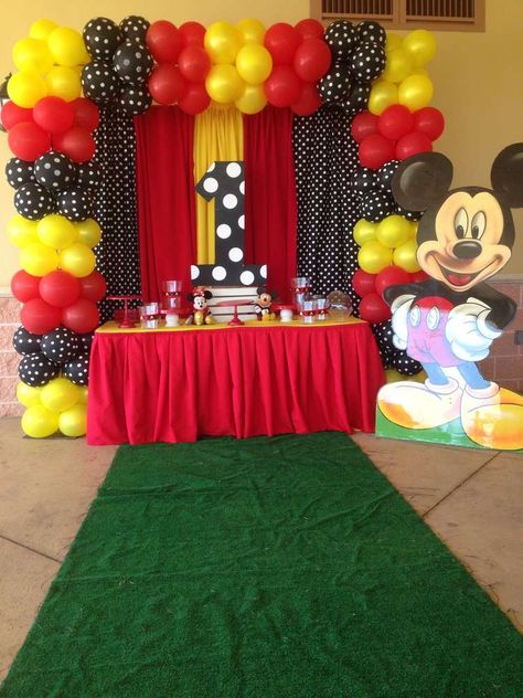 Red, black and yellow Mickey Mouse birthday party! See more party ideas at CatchMyParty.com! Mickey Mouse Clubhouse Birthday Party Decorations, Γενέθλια Mickey Mouse, Mickey Mouse Birthday Party Ideas, Mickey Mouse Theme Party, Mickey Mouse Birthday Theme, Mickey Mouse Birthday Decorations, Mickey 1st Birthdays, Mickey Mouse Themed Birthday Party, Fiesta Mickey Mouse