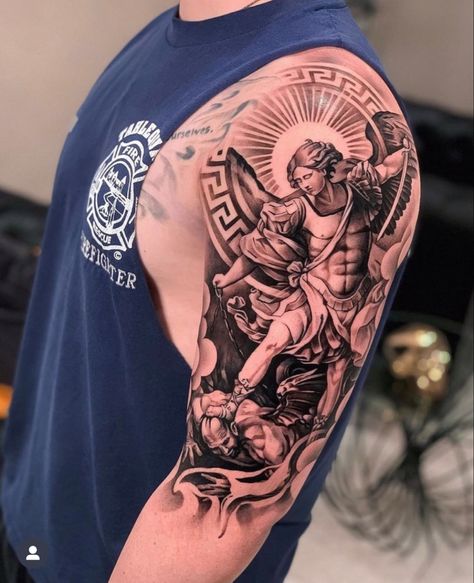 Upper Arm Tattoos For Guys, Archangel Michael Tattoo, St Michael Tattoo, Saint Tattoo, Photographer Tattoo, Geometric Tattoo Sleeve Designs, Archangel Tattoo, Catrina Tattoo, Full Leg Tattoos