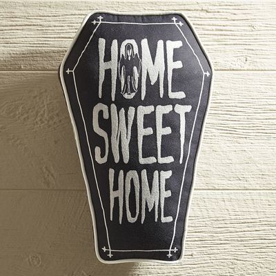 Pin for Later: The Most Effortless Way to Decorate Your Home For Halloween — Seriously  Pier 1 Imports Home Sweet Home Coffin Pillow ($35) Coffin Pillow, Patio Furniture Decor, Gothic Victorian House, Outdoor Furniture Patio, Goth Home, Goth Home Decor, Goth Decor, Halloween Pillows, Holiday Pillows