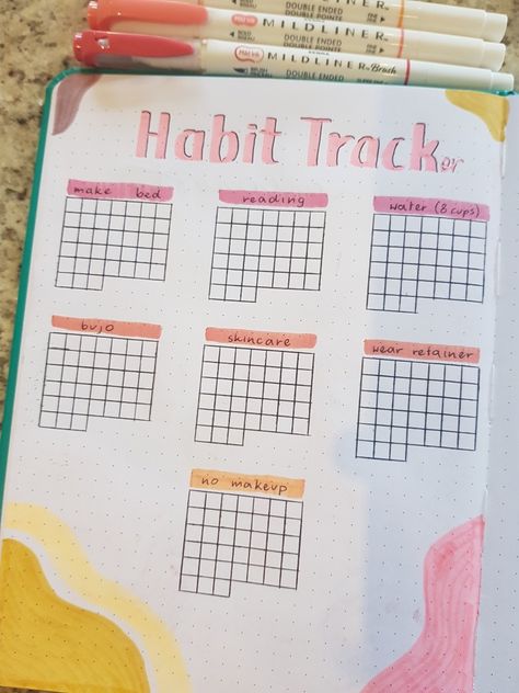 Habits Journal Ideas, Dot Journal Habit Tracker, Habit Journal Ideas, Summer Habit Tracker, Journaling Tracker Ideas, Habit Tracker Journal Ideas, Dot Notebook Ideas, Diy Habit Tracker, Habits Tracker Bullet Journal