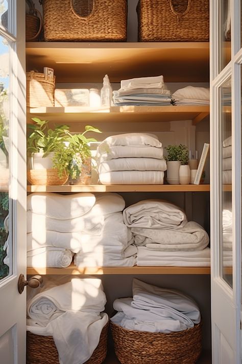 Narrow Linen Closet Ideas, Rv Linen Storage, Build In Linen Closet, Organized Towel Closet, Linen Closet Under Stairs, Linen Dresser Storage, Aesthetic Linen Closet, Towel And Bedding Storage, Linen Closet Inspiration