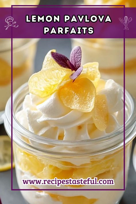 Delight in the refreshing flavors of Lemon Pavlova Parfaits, a beautiful dessert featuring layers of fluffy vanilla sponge cake, zesty lemon cream, airy whipped cream, and delicate lavender meringue kisses. Perfect for any occasion, these parfaits are as pleasing to the eye as they are to the palate. Lavender Meringue, Lemon Pavlova, Lemon Parfait, Agar Agar Jelly, Meringue Kisses, Hand Pie, Vanilla Sponge Cake, Vanilla Whipped Cream, Vanilla Sponge